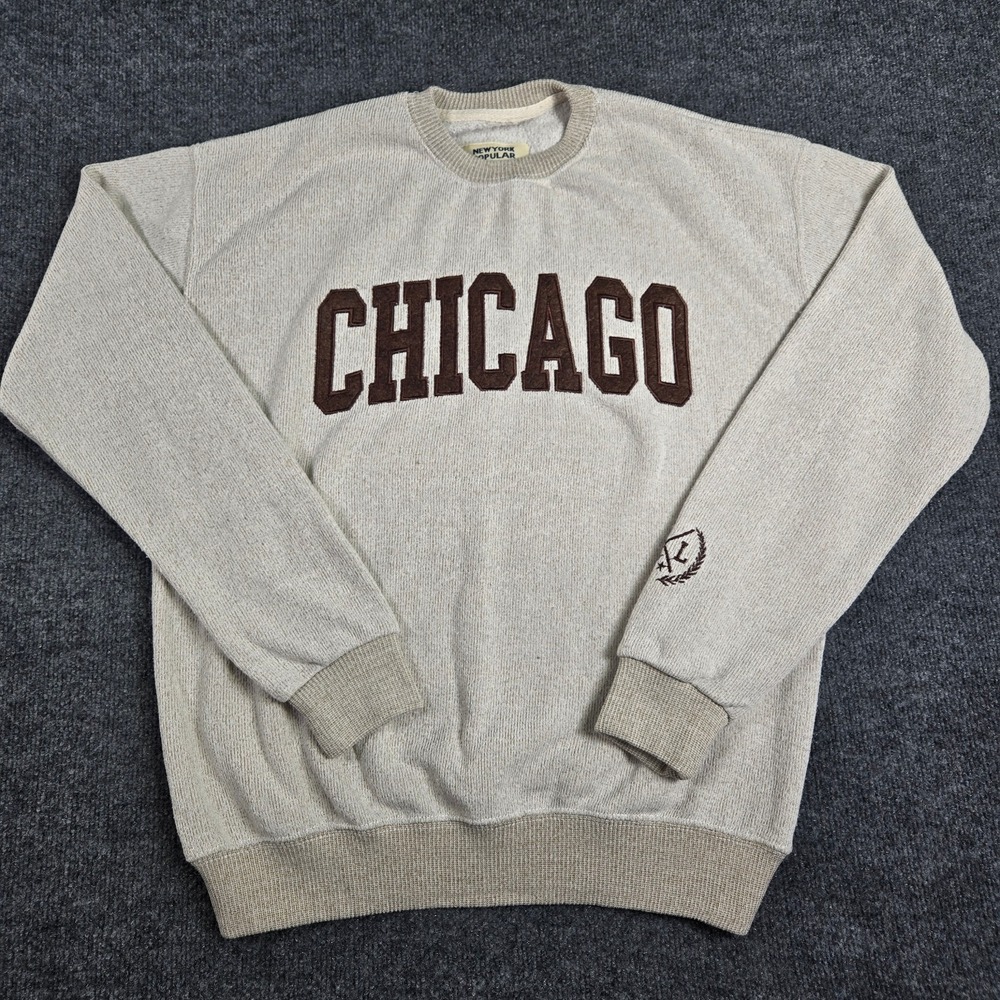 New York Popular Chicago Sweatshirt Mens XL Oatmeal Beige Embroidered Crewneck